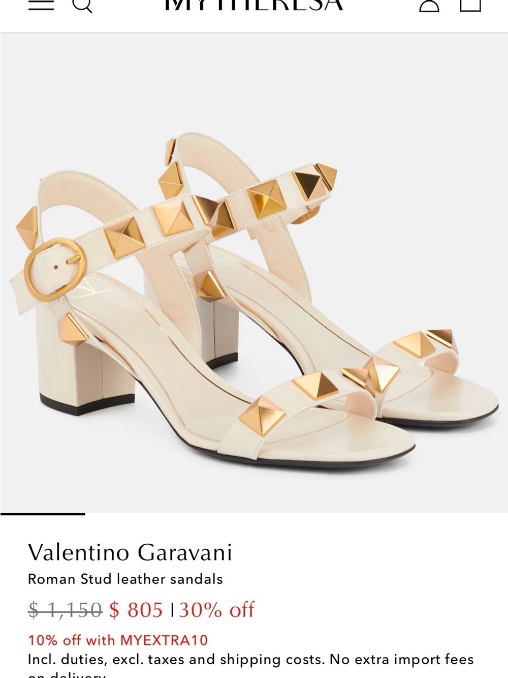 Valentino Garavani Cream Roman Stud Leather Sandals- w/ Box -size 36